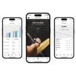 Three smartphone screens display the Vitruve Encoder + App Software: left shows a bench press progress chart, center features New Training with a start button, and right presents data and a graph titled Equation Fit.