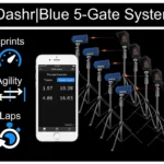 The image displays the Dashr Standard Kit 5-Gate System with timing gates set up. An iPhone shows results for sprints, agility, and laps, along with icons for speed, agility, and lap counting.