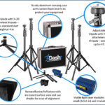 Image of the Dashr Standard Kit 5-Gate System, featuring tripod stands with adjustable heights, a sturdy carrying case, retroreflective markers, and small laser modules. Designed for equipment alignment with custom foam inserts for protection and ¼-20 attachment threads for compatibility.