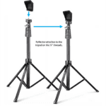 Visual demonstration of the Dashr Standard Kit 5-Gate System reflector attaching to a tripod using ¼ inch threads. Two tripods with attachments illustrate the setup process, accompanied by a directional arrow.