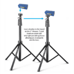 The Dashr Standard Kit 5-Gate System features two black tripods with adjustable heads, each equipped with a blue laser device. Arrows indicate the laser can rotate 180° left/right and up/down for targeting precision.