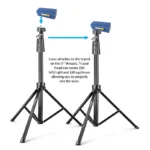 The Dashr Standard Kit 5-Gate System features two black tripods with adjustable heads, each equipped with a blue laser device. Arrows indicate the laser can rotate 180° left/right and up/down for targeting precision.