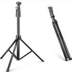 The Dashr Standard Kit 5-Gate System includes a black, foldable floor-standing tripod with adjustable legs, a center column, and a top mounting platform. It is shown in two states: fully extended and collapsed.