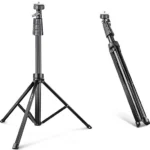 The Dashr Standard Kit 5-Gate System includes a black, foldable floor-standing tripod with adjustable legs, a center column, and a top mounting platform. It is shown in two states: fully extended and collapsed.