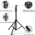Image of the Dashr Standard Kit 5-Gate System showcasing a black adjustable tripod stand with features labeled: 180-degree head rotation plate, flip lock for adjustable height, standard 1/4 screw for phones and cameras, and non-slip rubber pad.