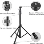 Image of the Dashr Standard Kit 5-Gate System showcasing a black adjustable tripod stand with features labeled: 180-degree head rotation plate, flip lock for adjustable height, standard 1/4 screw for phones and cameras, and non-slip rubber pad.