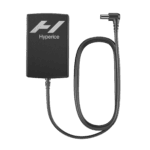 Image of a Normatec 3.0 power adapter featuring a long cable with a right-angle connector and sleek design on a dark background, adorned with the Hyperice logo.