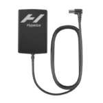 Image of a Normatec 3.0 power adapter featuring a long cable with a right-angle connector and sleek design on a dark background, adorned with the Hyperice logo.