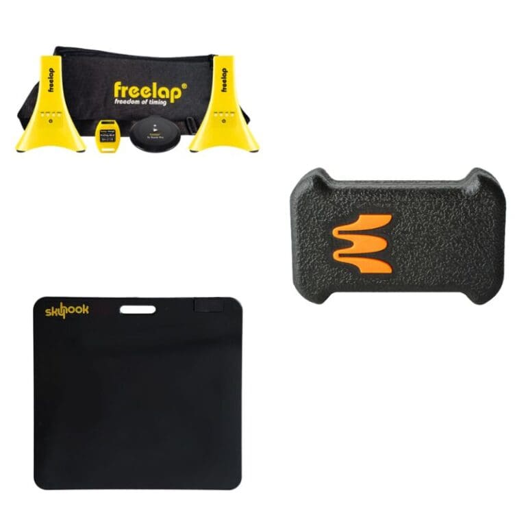 Photo of bundled products on SimpliFaster including Freelap timing system, eNode, and Skyhook contact mat.