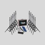 Ten adjustable tripods are set in a semi-circle around a Dashr Standard Kit 5-Gate System case, with six blue devices and small black components placed in front on a plain background.