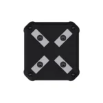 The Vitruve VBT Encoder is a black, square-shaped device with rounded corners, featuring four silver metal strips in an “X” shape secured by black screws, shown on a white background.