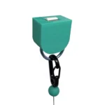 The Vitruve Roller Hook is a teal plastic device with a button on top, attached to a keyring and black carabiner clip. A string with a small green bead hangs below the device.
