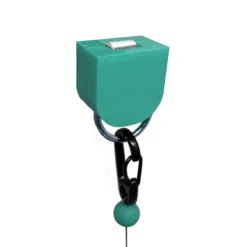 The Vitruve Roller Hook is a teal plastic device with a button on top, attached to a keyring and black carabiner clip. A string with a small green bead hangs below the device.