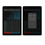 The Hawkin Dynamics Dual Force Plate for High Schools displays test results on two tablets: the left screen features a chart with yellow, red, and blue lines, while the right screen presents a pop-up scoring description using green, yellow, and red color-coded criteria.