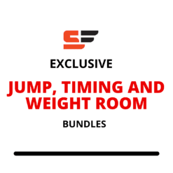 Text graphic featuring a stylized SF logo at the top, followed by EXCLUSIVE JUMP, VBT, TIMING SYSTEM BUNDLE in black and red text. A horizontal black line is at the bottom.