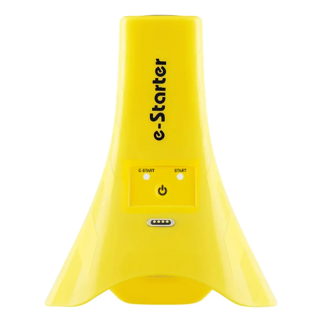 A sleek, modern cone-shaped device called + Freelap e-Starter, in bright yellow with wide, flared sides. It features a central button, charging contact points below the logo, and e-Starter labeled on the front.