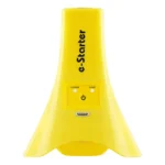 A sleek, modern cone-shaped device called + Freelap e-Starter, in bright yellow with wide, flared sides. It features a central button, charging contact points below the logo, and e-Starter labeled on the front.