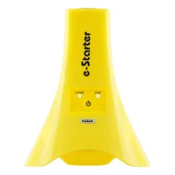 A sleek, modern cone-shaped device called + Freelap e-Starter, in bright yellow with wide, flared sides. It features a central button, charging contact points below the logo, and e-Starter labeled on the front.