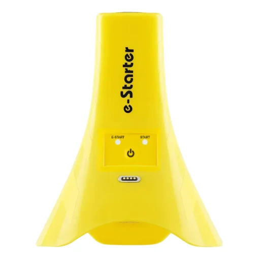 A sleek, modern cone-shaped device called + Freelap e-Starter, in bright yellow with wide, flared sides. It features a central button, charging contact points below the logo, and e-Starter labeled on the front.