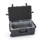 The Hawkin Dynamics Travel Case is a black hard-shell protective case featuring an open lid that reveals a custom foam insert, sturdy side handles, and wheels for easy transport.