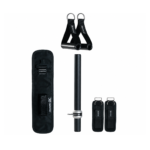 The Exxentric kBox Lite Starter System includes black fitness equipment: a padded carrying case, metal bar, two adjustable straps with rings, and two strap attachments with buckles, all displayed on a white background.