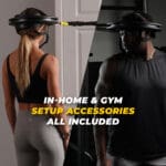 Two individuals use Iron Neck 3.0 resistance bands for neck exercises; the woman sports a black tank top and gray leggings, while the man wears a black tank top. Text: In-home & gym setup accessories all included.