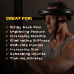 An individual is shown with the Iron Neck 3.0 Pro, a neck exercise device that helps fix neck pain, improve posture, increase mobility and size, eliminate stiffness, reduce injuries, rehab injuries, and train athletes.