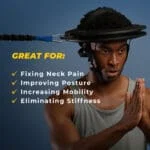 A person uses the Iron Neck 3.0, a head harness with a resistance band, for exercise. Text highlights its benefits: relieving neck pain, improving posture, boosting mobility, and reducing stiffness.