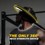 A person wearing an Iron Neck 3.0 Pro looks upward. This circular device fits around the head, with text in the image stating, The Only 360° Neck Strength Device, against a dimly lit background.