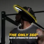 A person wearing an Iron Neck 3.0 Pro looks upward. This circular device fits around the head, with text in the image stating, The Only 360° Neck Strength Device, against a dimly lit background.