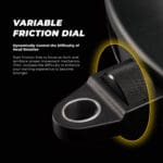 Close-up of the Iron Neck 3.0 Pro, a black exercise device featuring a Variable Friction Dial. The image showcases a circular dial and textured grip, with text demonstrating its role in adjusting head rotation difficulty to boost training efficiency.