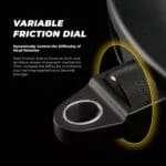 Close-up of the Iron Neck 3.0 Pro, a black exercise device featuring a Variable Friction Dial. The image showcases a circular dial and textured grip, with text demonstrating its role in adjusting head rotation difficulty to boost training efficiency.