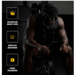 A person using the Iron Neck Alpha Harness Plus sits on a gym bench. Nearby text and icons state: Increase Neck Size, Reduce Injuries, and Free Training in a dimly lit gym setting.