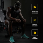 A person sits on a gym bench, using the Iron Neck Alpha Harness for neck training. The benefits highlighted include increased neck size, reduced injuries, and free training. In a dark background, they hold weights and wear bright teal shoes.