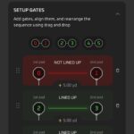 A digital interface titled Setup Gates shows numbered pods and alignment indicators. The first pair of pods (0 and 1) is marked Not Lined Up with a red alert, while the second pair (2 and 3) is marked Lined Up with a green check.
