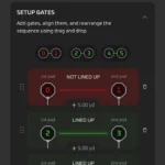 A digital interface titled Setup Gates shows numbered pods and alignment indicators. The first pair of pods (0 and 1) is marked Not Lined Up with a red alert, while the second pair (2 and 3) is marked Lined Up with a green check.