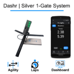 An image displays the Dashr Silver 1-Gate System, featuring a compact device with green lights and a smartphone showing agility lap times of 2.38 and 5.39 seconds, accompanied by icons for agility, laps, and dashboard at the bottom.
.