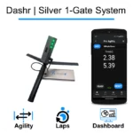 An image displays the Dashr Silver 1-Gate System, featuring a compact device with green lights and a smartphone showing agility lap times of 2.38 and 5.39 seconds, accompanied by icons for agility, laps, and dashboard at the bottom.
.
