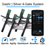 Four electronic timing systems with stands and green lights are showcased beside a smartphone displaying running stats. Icons for sprints, agility, dashboard, reaction, and laps are visible at the bottom. The text reads Dashr Silver 4-Gate System.