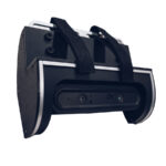 A close-up of the Perch Camera, a black and silver device with multiple lenses and sensors, mounted in a protective frame with black straps. This electronic device appears designed for 3D scanning or imaging tasks.