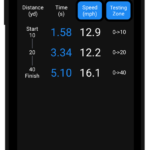 A smartphone showcasing the Dashr Silver 2-Gate System app. The screen presents a users running stats, including distance, time, speed, and testing zone info. Options for Quickrun and Reset appear at the bottom.