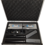 Foam-lined metal carrying case for protection and organization, containing the Dashr Silver 1-Gate System with two hand-held electronic devices, chargers, cords, and two flat rectangular units labeled Dashr.