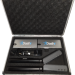 A foam-padded open carrying case showcases electronic sensors, timing gate equipment, and cables from the Dashr Silver 2-Gate System, likely used for athletic performance testing. The Dashr label is visible on some components.