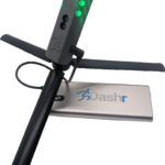 A Dashr Silver 2-Gate System features a black and metal sensor with four green lights and a camera, mounted on a stand. The base displays the Dashr logo.