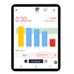 A Perch Camera displays a fitness app on a tablet screen, featuring a bar graph with red and blue bars indicating velocities from 0.30m/s to 0.80m/s. Below, Back Squat is shown at 45 lbs, alongside a Complete button.