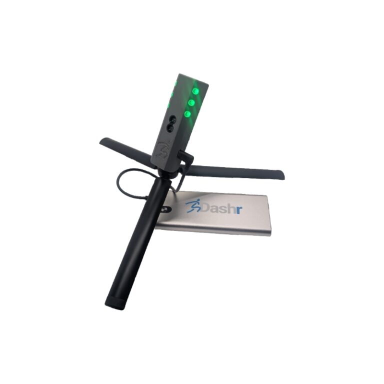 The Dashr Silver Upgrade is a handheld electronic device with a black handle, a rectangular black head featuring four green lights, and a silver rectangular base displaying Dashr alongside a stylized figure logo.