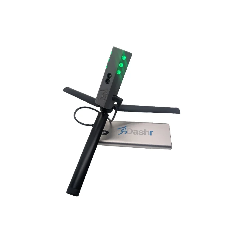 The Dashr Silver Upgrade is a handheld electronic device with a black handle, a rectangular black head featuring four green lights, and a silver rectangular base displaying Dashr alongside a stylized figure logo.