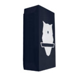 The Perch Camera packaging is a sleek black rectangular box featuring a minimalist white owl silhouette with pointed ears and a horizontal line across its chest. The design is set against a plain white background.