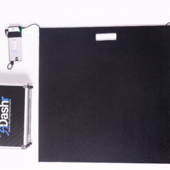 The Dashr Jump Mat and Controller, a black rectangular mat with an attached small electronic device, is shown next to a silver Dashr carrying case on a white background.