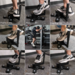 A nine-panel collage features a person using the Spring Ankle black calf-raise foot platform for ankle mobility exercises, showing various foot angles in labeled panels from Position #1 to Position #9.